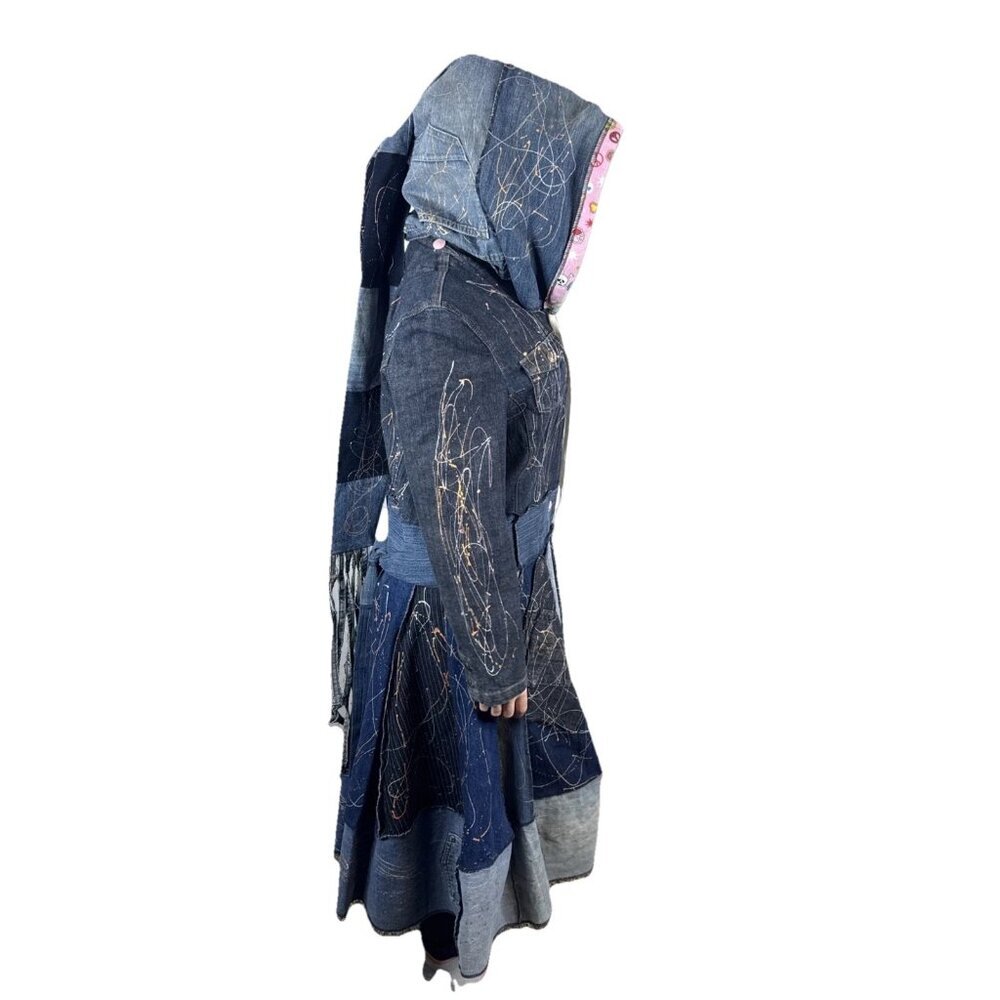 Upcycled Patchwork Denim Hooded Coat Womens M Reworked Paint Splatter OOAK - Picture 13 of 13